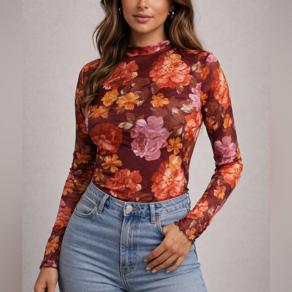 Floral Mesh Long-Sleeve Top in Burgundy by PrettyGardener